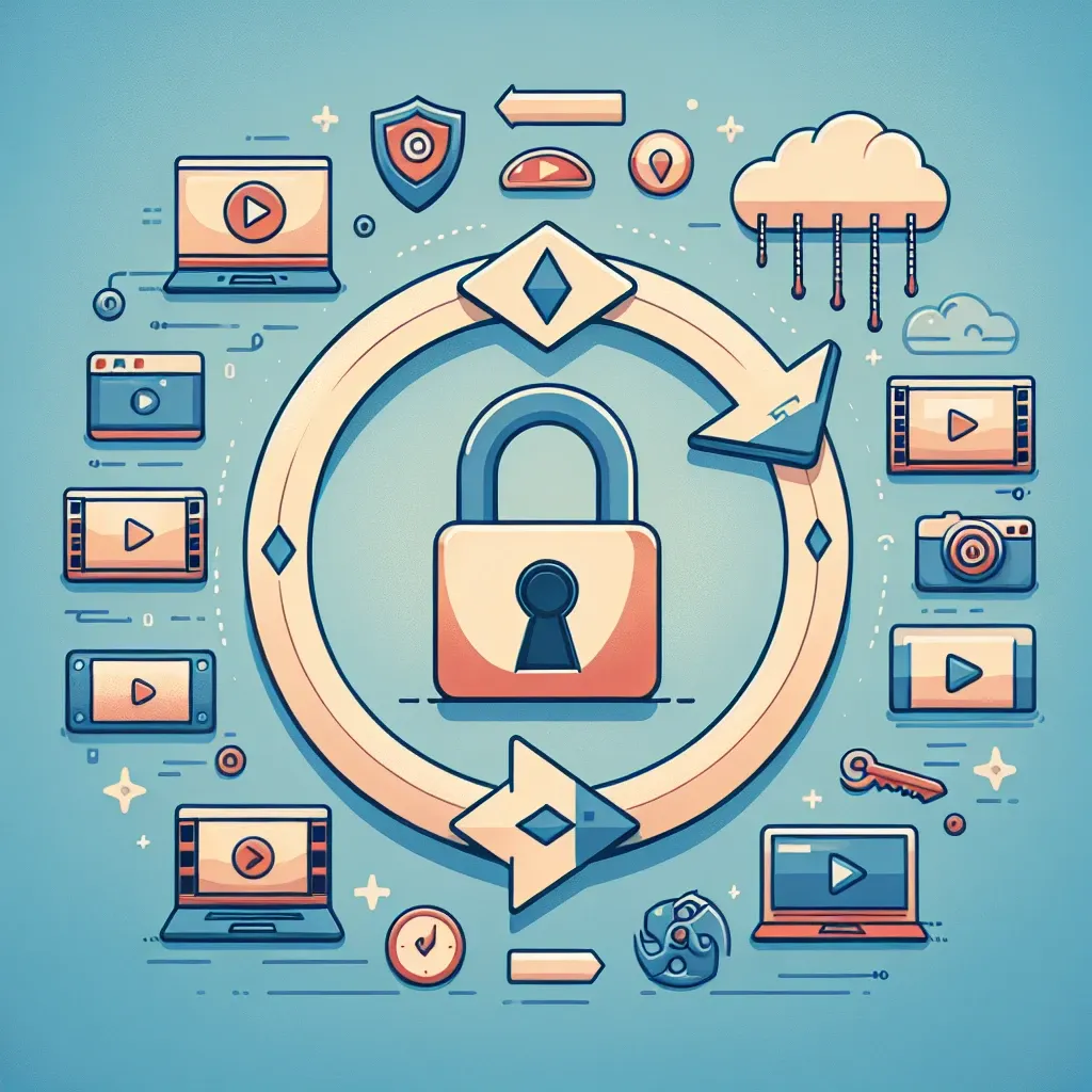 "Passo a passo ilustrado para baixar vídeos com segurança e facilidade, mostrando um computador com a tela de download e elementos gráficos relacionados à proteção online."